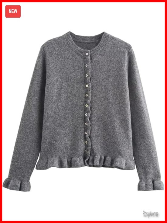 Sweaters - Cropped Cardigan Sweater Crewneck Long Sleeve Button Down Knitwear Top